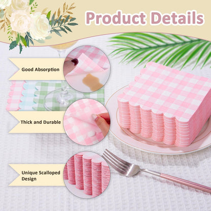 100 Pcs Pink Napkins Scalloped Plaid Cocktail Napkins Folded 5 x 5 Inches Disposable Napkins for Wedding Birthday Party