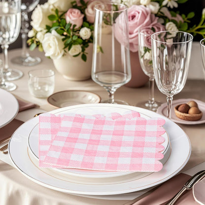 100 Pcs Pink Napkins Scalloped Plaid Cocktail Napkins Folded 5 x 5 Inches Disposable Napkins for Wedding Birthday Party