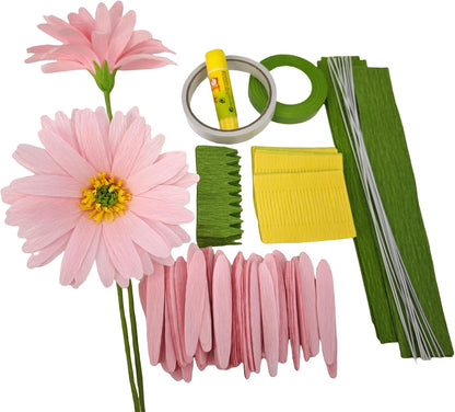 Pink Daisy for Home Decor Events DIY Crepe Paper Flower Bouquet Making Kit Complete Craft Materials for Floral Art 12 Qty