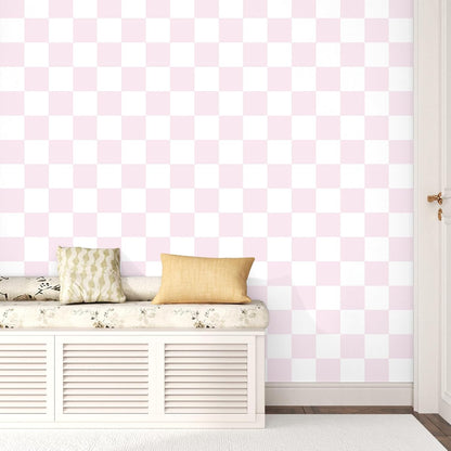 Pink and White Peel and Stick Checkered Wallpaper for Bedroom