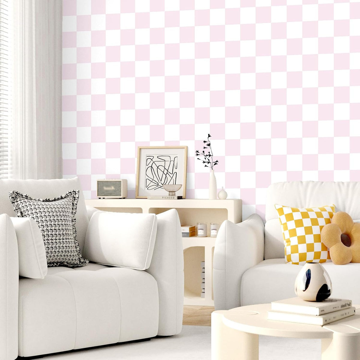 Pink and White Peel and Stick Checkered Wallpaper for Bedroom
