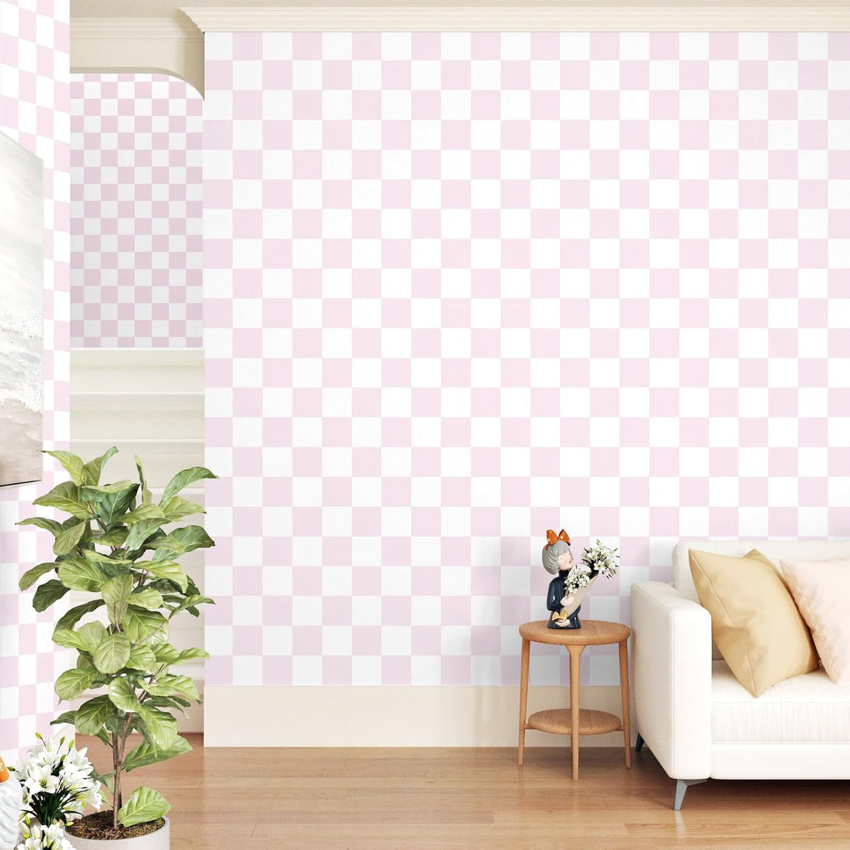 Pink and White Peel and Stick Checkered Wallpaper for Bedroom