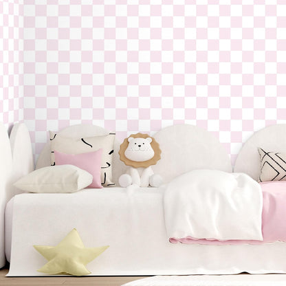 Pink and White Peel and Stick Checkered Wallpaper for Bedroom