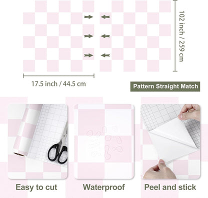 Pink and White Peel and Stick Checkered Wallpaper for Bedroom