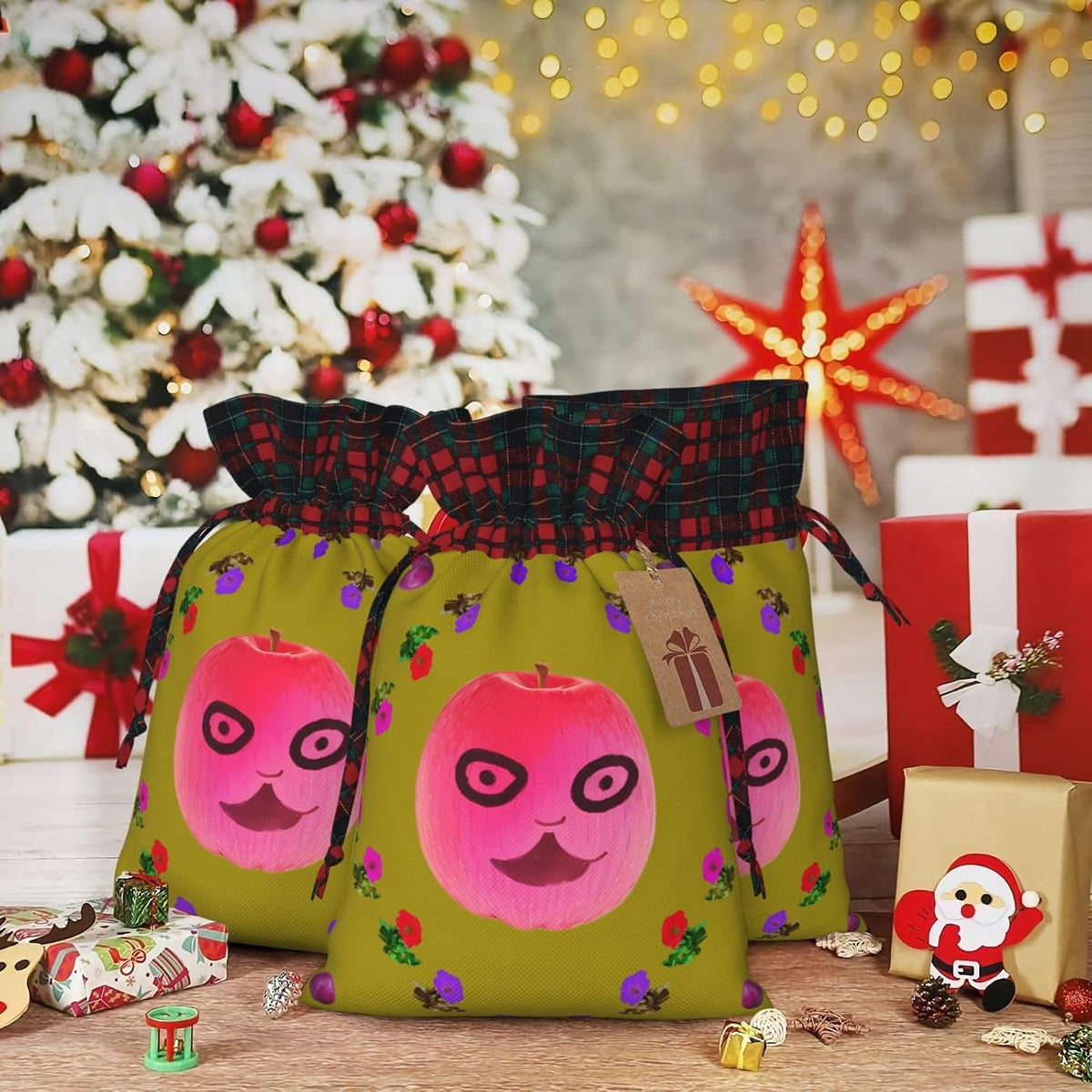 Funny Face Peach Printed Reusable Christmas Gift Bag – Holiday Drawstring Pouches for Xmas, Birthdays, Weddings