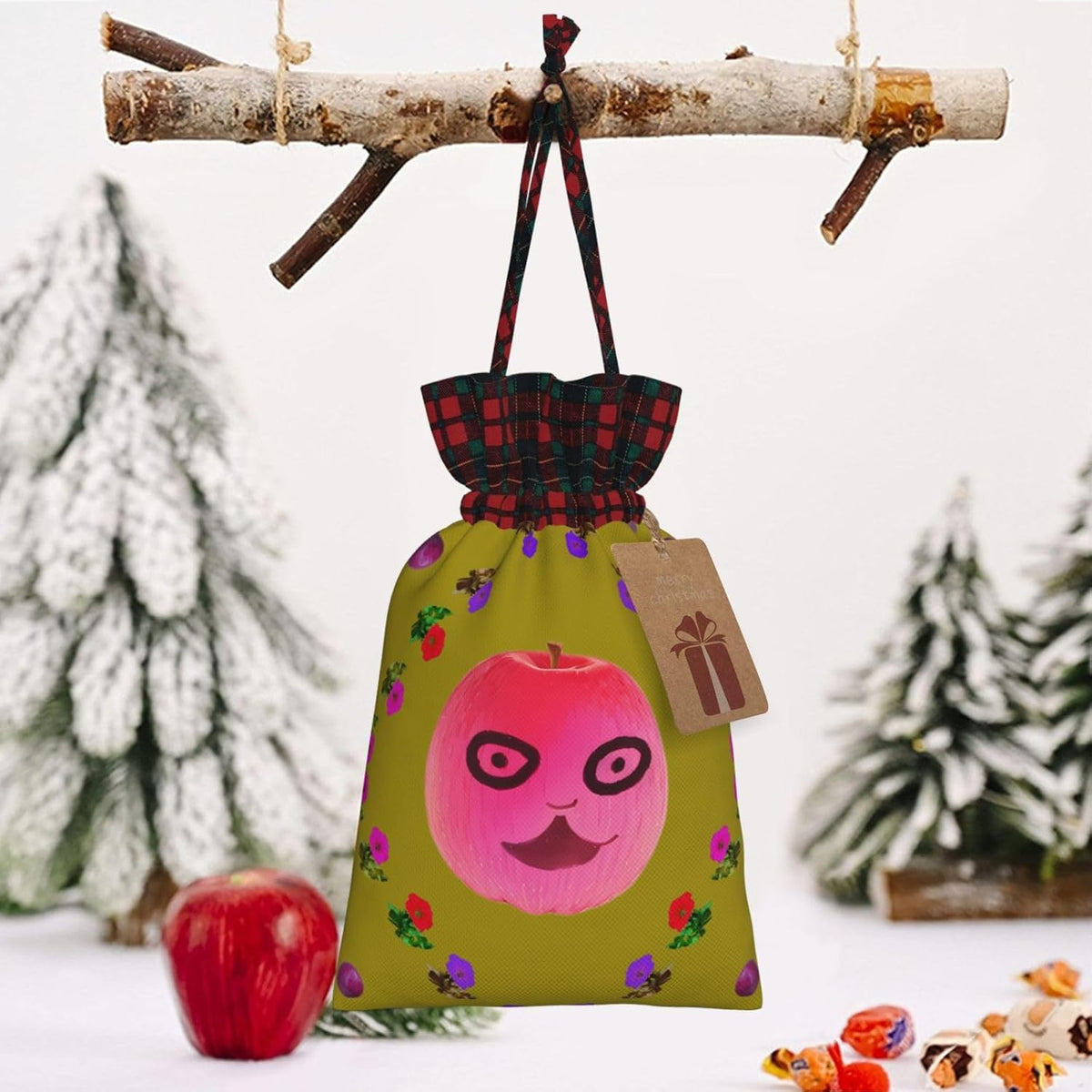 Funny Face Peach Printed Reusable Christmas Gift Bag – Holiday Drawstring Pouches for Xmas, Birthdays, Weddings