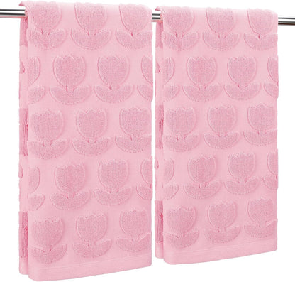 2Pcs Tulip Hand Towels Jacquard Cotton Bath Towel Spring Pink Floral Flower 3D Decorative Kitchen Dish Towel for Summer Home Bathroom Kitchen Decor Gift Set, 29.5 x 13.8 Inch