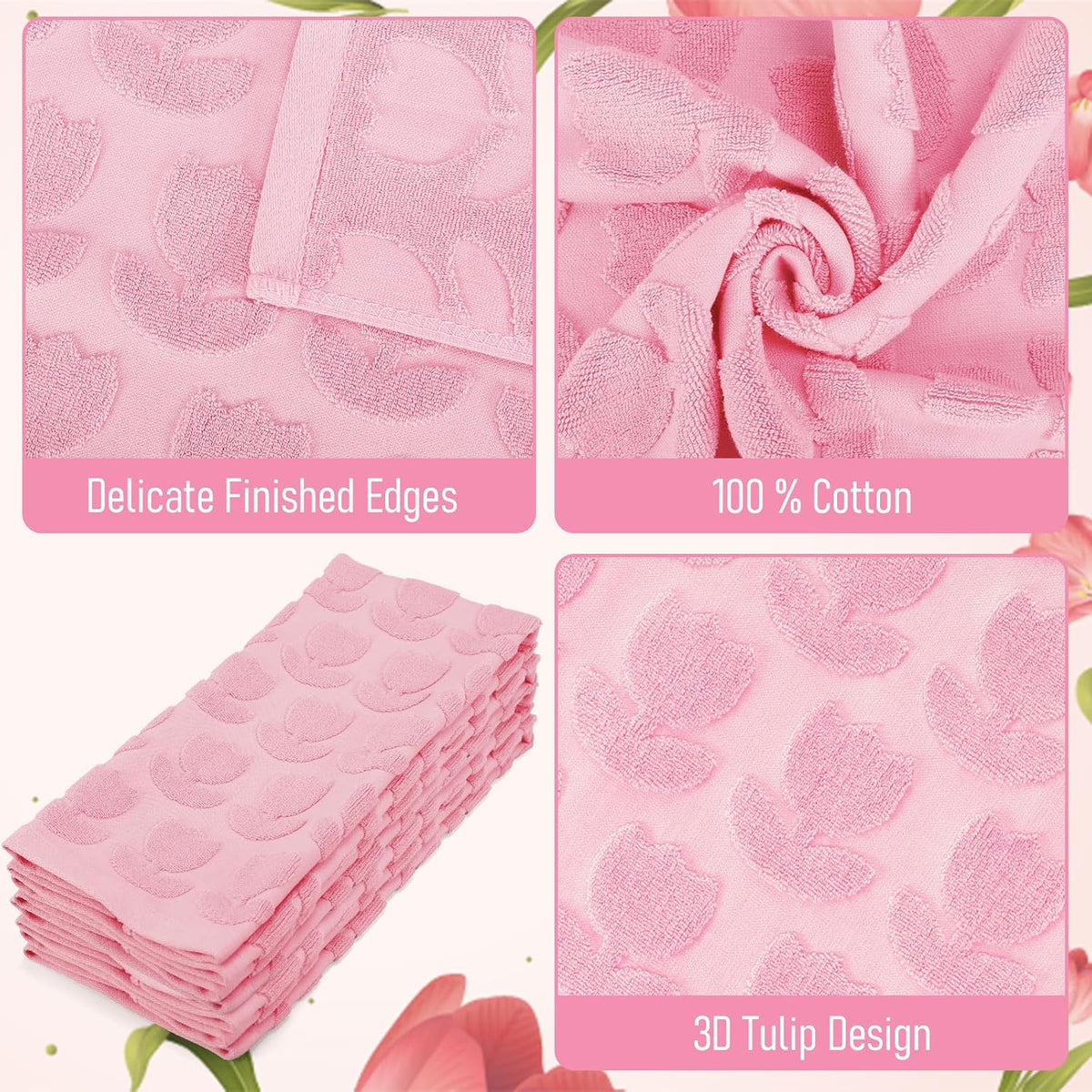 2Pcs Tulip Hand Towels Jacquard Cotton Bath Towel Spring Pink Floral Flower 3D Decorative Kitchen Dish Towel for Summer Home Bathroom Kitchen Decor Gift Set, 29.5 x 13.8 Inch
