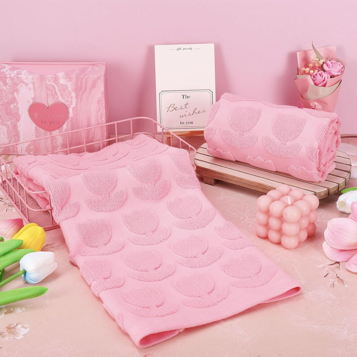 2Pcs Tulip Hand Towels Jacquard Cotton Bath Towel Spring Pink Floral Flower 3D Decorative Kitchen Dish Towel for Summer Home Bathroom Kitchen Decor Gift Set, 29.5 x 13.8 Inch