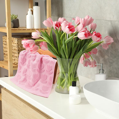 2Pcs Tulip Hand Towels Jacquard Cotton Bath Towel Spring Pink Floral Flower 3D Decorative Kitchen Dish Towel for Summer Home Bathroom Kitchen Decor Gift Set, 29.5 x 13.8 Inch
