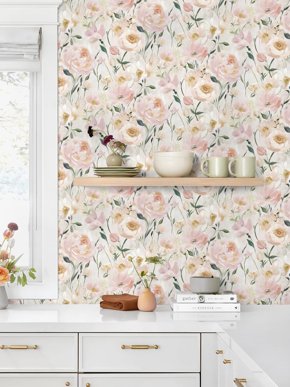 Heroad Floral Wallpaper Pink Flower Peel and Stick Wallpaper Peony Contact Paper Removable Self Adhesive Wall Paper for Bedroom Cabinets Bathroom Girl Nursery Living Room Vinyl Rolls 17.3''x 78.7''