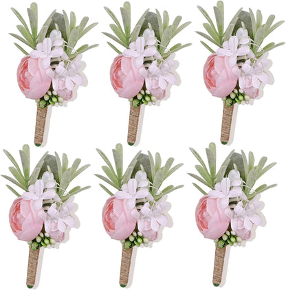 Pink Boutonnieres for Men 6Pcs Faux Silk Wedding Prom Groom