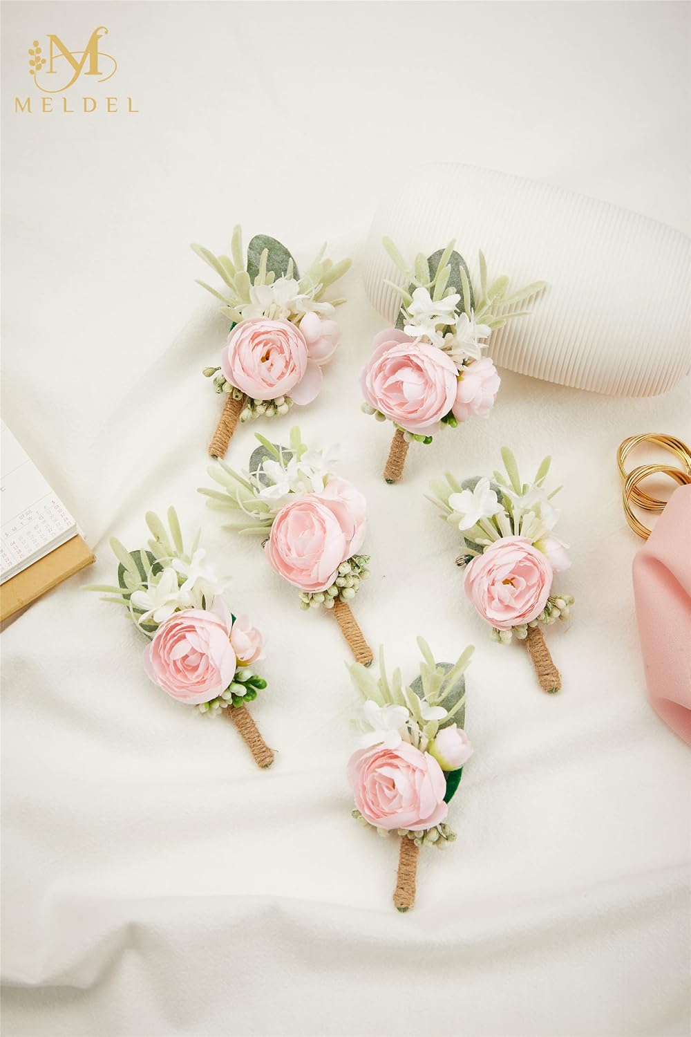 Pink Boutonnieres for Men 6Pcs Faux Silk Wedding Prom Groom