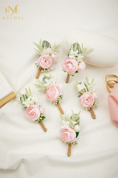 Pink Boutonnieres for Men 6Pcs Faux Silk Wedding Prom Groom