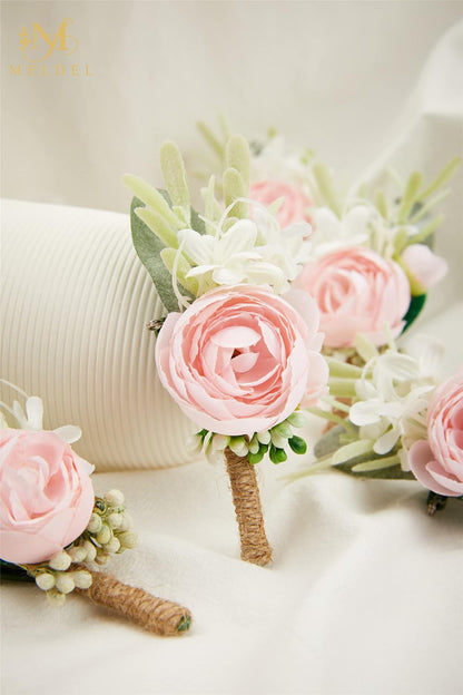 Pink Boutonnieres for Men 6Pcs Faux Silk Wedding Prom Groom