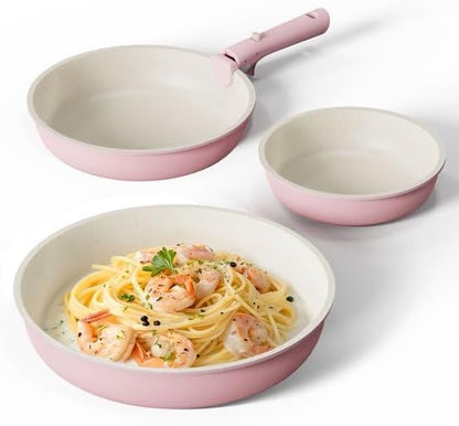 Nonstick Cookware Set, 4 Piece Frying Pan Set with Detachable Handle, 8" 10" 12" Pans, Induction Compatible, Oven Safe, Stackable, Pink