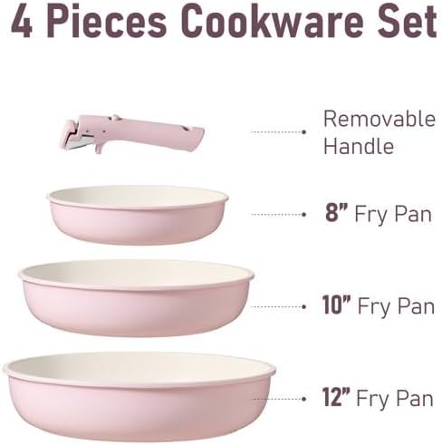 Nonstick Cookware Set, 4 Piece Frying Pan Set with Detachable Handle, 8" 10" 12" Pans, Induction Compatible, Oven Safe, Stackable, Pink