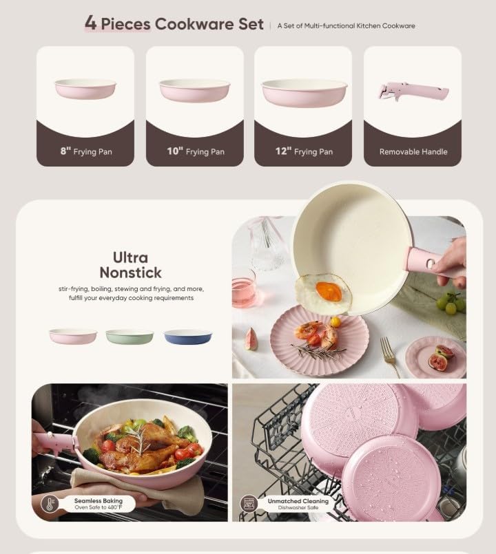 Nonstick Cookware Set, 4 Piece Frying Pan Set with Detachable Handle, 8" 10" 12" Pans, Induction Compatible, Oven Safe, Stackable, Pink