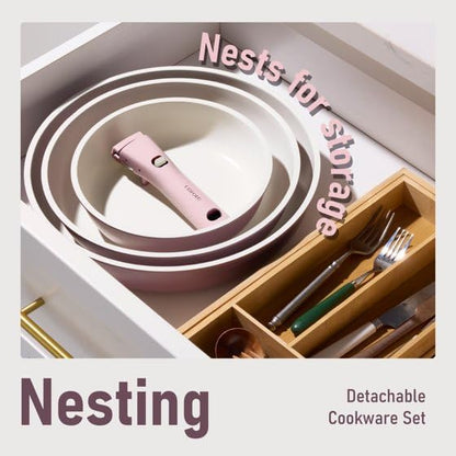 Nonstick Cookware Set, 4 Piece Frying Pan Set with Detachable Handle, 8" 10" 12" Pans, Induction Compatible, Oven Safe, Stackable, Pink