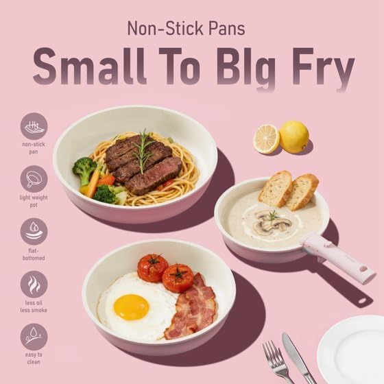 Nonstick Cookware Set, 4 Piece Frying Pan Set with Detachable Handle, 8" 10" 12" Pans, Induction Compatible, Oven Safe, Stackable, Pink