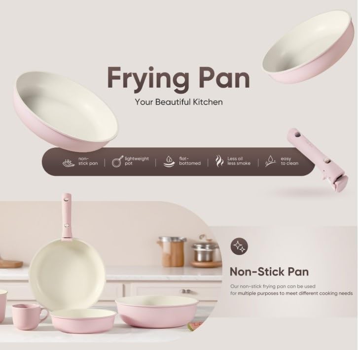 Nonstick Cookware Set, 4 Piece Frying Pan Set with Detachable Handle, 8" 10" 12" Pans, Induction Compatible, Oven Safe, Stackable, Pink