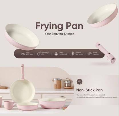 Nonstick Cookware Set, 4 Piece Frying Pan Set with Detachable Handle, 8" 10" 12" Pans, Induction Compatible, Oven Safe, Stackable, Pink