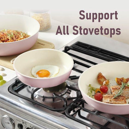 Nonstick Cookware Set, 4 Piece Frying Pan Set with Detachable Handle, 8" 10" 12" Pans, Induction Compatible, Oven Safe, Stackable, Pink