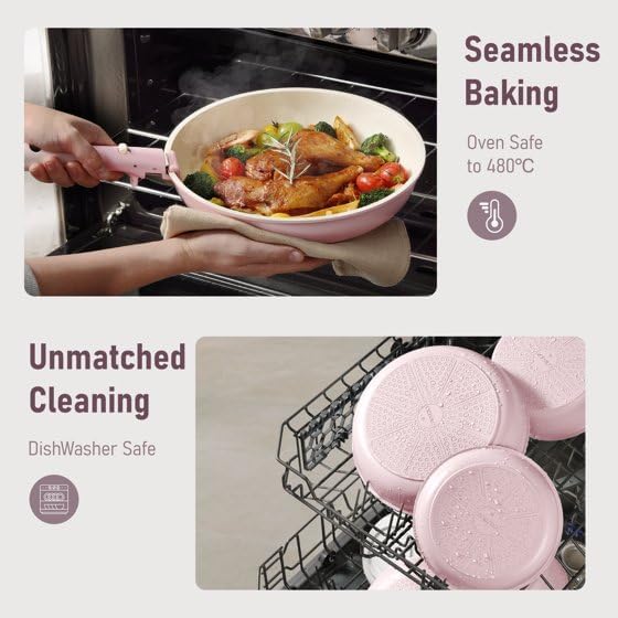 Nonstick Cookware Set, 4 Piece Frying Pan Set with Detachable Handle, 8" 10" 12" Pans, Induction Compatible, Oven Safe, Stackable, Pink