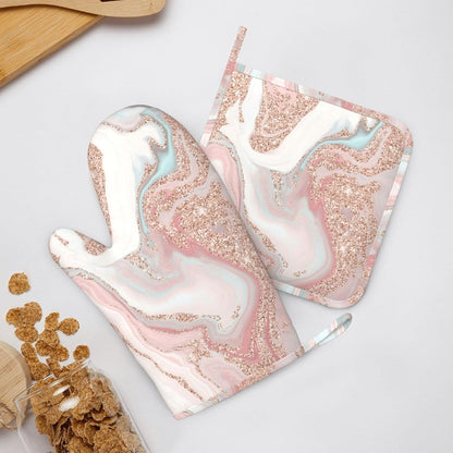 Rose Gold Glitter Coral Gray Pastel Marble Oven Mitts and Pot Holders Set Heat Resistant Non-Slip Silicone Mittens with Gloves and Hot Pads Potholders for BBQ Kitchen Baking Cooking, Quilted Liner