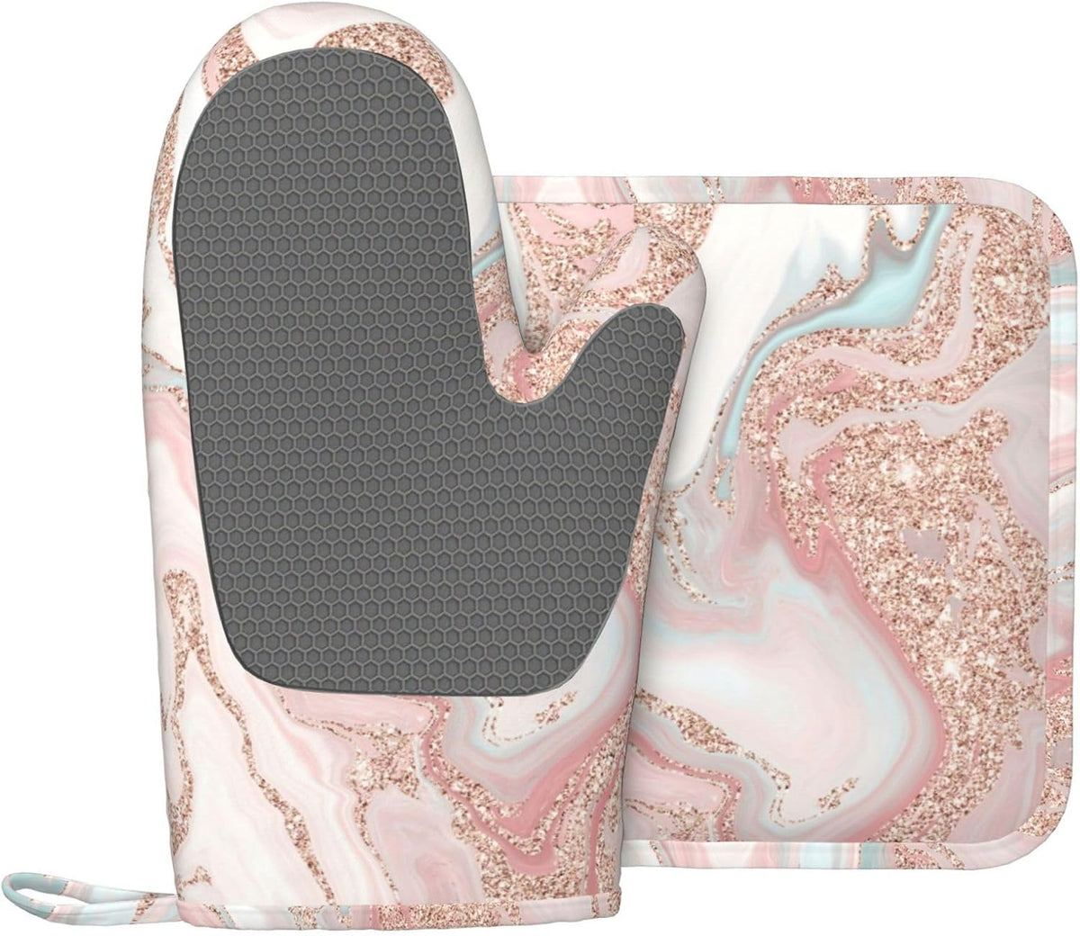 Rose Gold Glitter Coral Gray Pastel Marble Oven Mitts and Pot Holders Set Heat Resistant Non-Slip Silicone Mittens with Gloves and Hot Pads Potholders for BBQ Kitchen Baking Cooking, Quilted Liner