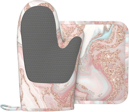 Rose Gold Glitter Coral Gray Pastel Marble Oven Mitts and Pot Holders Set Heat Resistant Non-Slip Silicone Mittens with Gloves and Hot Pads Potholders for BBQ Kitchen Baking Cooking, Quilted Liner