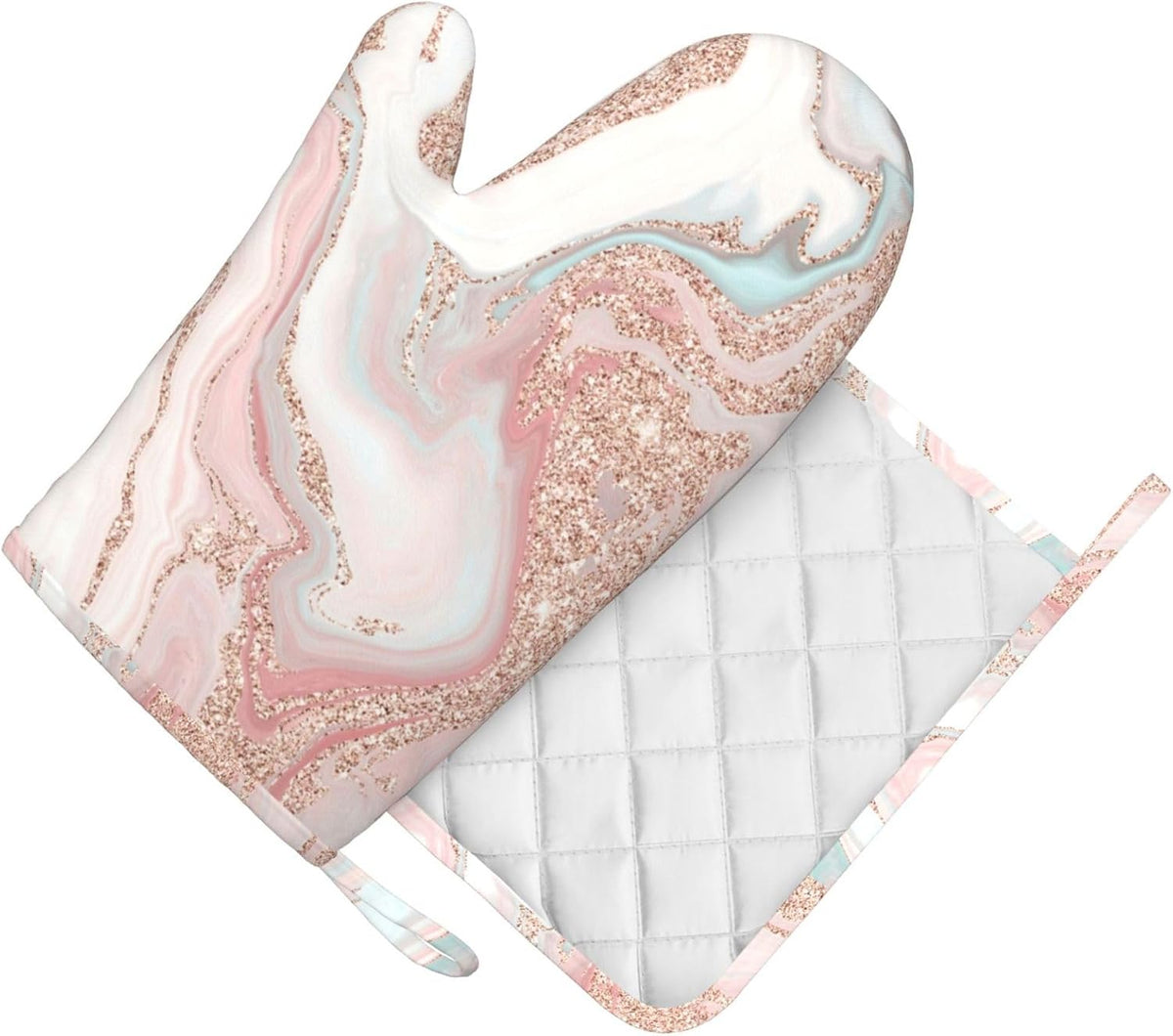 Rose Gold Glitter Coral Gray Pastel Marble Oven Mitts and Pot Holders Set Heat Resistant Non-Slip Silicone Mittens with Gloves and Hot Pads Potholders for BBQ Kitchen Baking Cooking, Quilted Liner