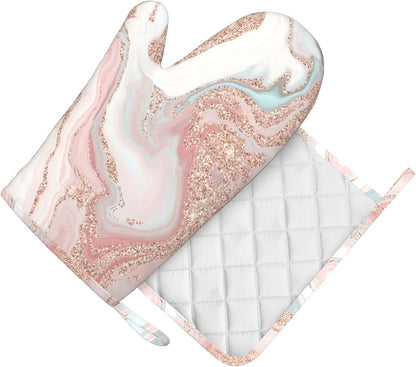 Rose Gold Glitter Coral Gray Pastel Marble Oven Mitts and Pot Holders Set Heat Resistant Non-Slip Silicone Mittens with Gloves and Hot Pads Potholders for BBQ Kitchen Baking Cooking, Quilted Liner