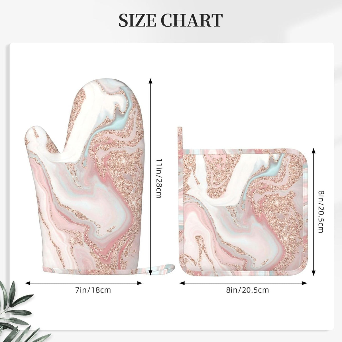Rose Gold Glitter Coral Gray Pastel Marble Oven Mitts and Pot Holders Set Heat Resistant Non-Slip Silicone Mittens with Gloves and Hot Pads Potholders for BBQ Kitchen Baking Cooking, Quilted Liner