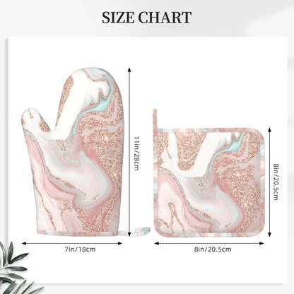 Rose Gold Glitter Coral Gray Pastel Marble Oven Mitts and Pot Holders Set Heat Resistant Non-Slip Silicone Mittens with Gloves and Hot Pads Potholders for BBQ Kitchen Baking Cooking, Quilted Liner
