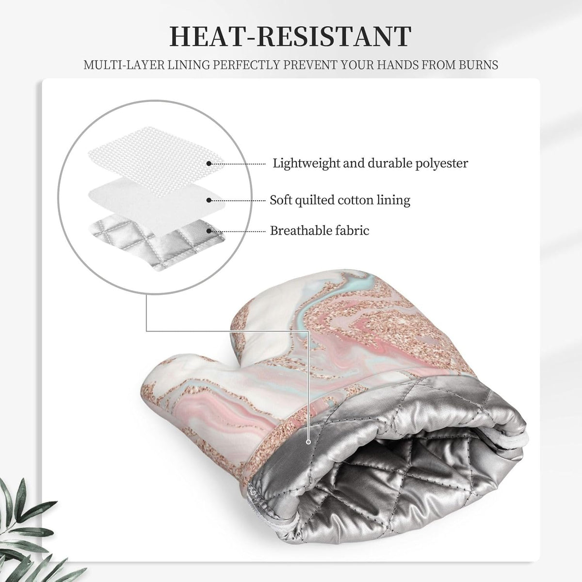 Rose Gold Glitter Coral Gray Pastel Marble Oven Mitts and Pot Holders Set Heat Resistant Non-Slip Silicone Mittens with Gloves and Hot Pads Potholders for BBQ Kitchen Baking Cooking, Quilted Liner