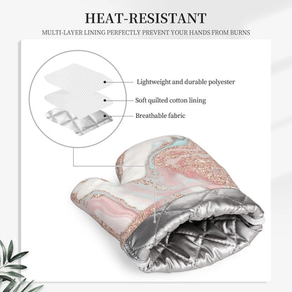 Rose Gold Glitter Coral Gray Pastel Marble Oven Mitts and Pot Holders Set Heat Resistant Non-Slip Silicone Mittens with Gloves and Hot Pads Potholders for BBQ Kitchen Baking Cooking, Quilted Liner
