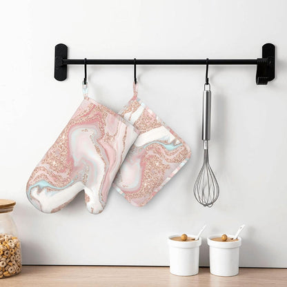 Rose Gold Glitter Coral Gray Pastel Marble Oven Mitts and Pot Holders Set Heat Resistant Non-Slip Silicone Mittens with Gloves and Hot Pads Potholders for BBQ Kitchen Baking Cooking, Quilted Liner