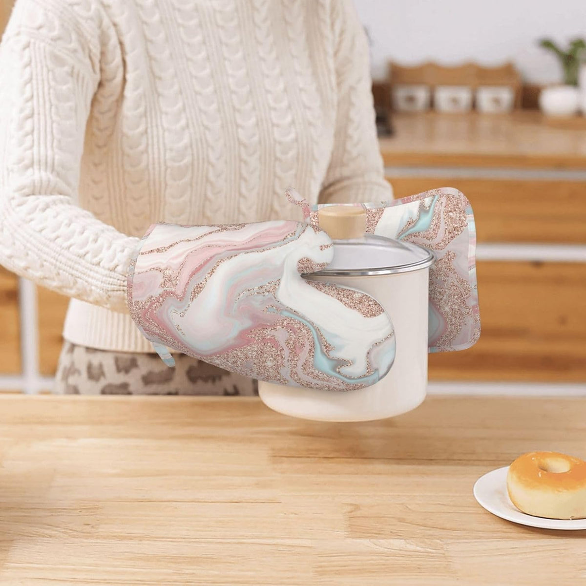 Rose Gold Glitter Coral Gray Pastel Marble Oven Mitts and Pot Holders Set Heat Resistant Non-Slip Silicone Mittens with Gloves and Hot Pads Potholders for BBQ Kitchen Baking Cooking, Quilted Liner