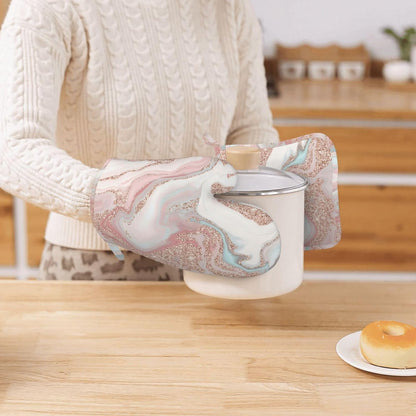 Rose Gold Glitter Coral Gray Pastel Marble Oven Mitts and Pot Holders Set Heat Resistant Non-Slip Silicone Mittens with Gloves and Hot Pads Potholders for BBQ Kitchen Baking Cooking, Quilted Liner