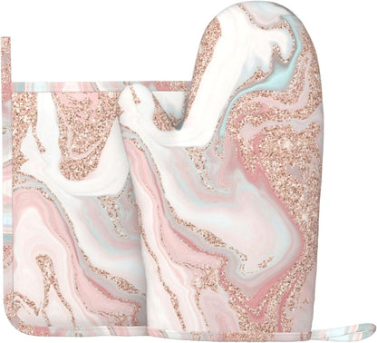 Rose Gold Glitter Coral Gray Pastel Marble Oven Mitts and Pot Holders Set Heat Resistant Non-Slip Silicone Mittens with Gloves and Hot Pads Potholders for BBQ Kitchen Baking Cooking, Quilted Liner