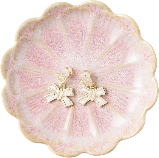 Jewelry Dish Tray, Ring Dish, Ceramic Trinket Tray, Key Bowl, Decorative Plate, for Friends Sisters Daughter Mother (Pink)