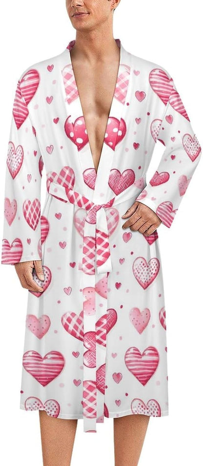 Bright Pink Heart Print Robes for Men Women, Soft Bathrobe Long Men Womens Robes Lightweight Cozy Bath Robe