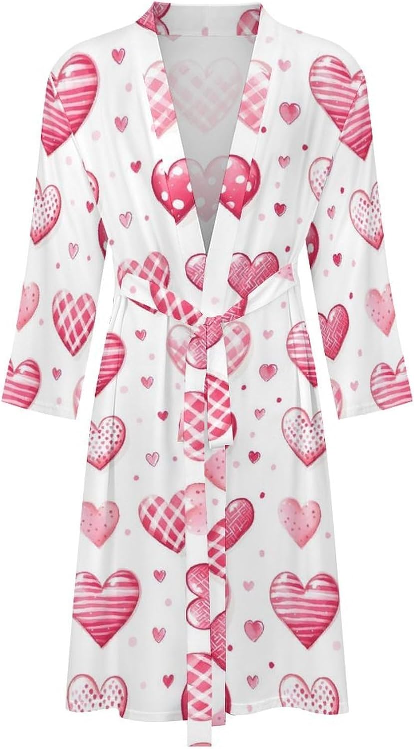 Bright Pink Heart Print Robes for Men Women, Soft Bathrobe Long Men Womens Robes Lightweight Cozy Bath Robe
