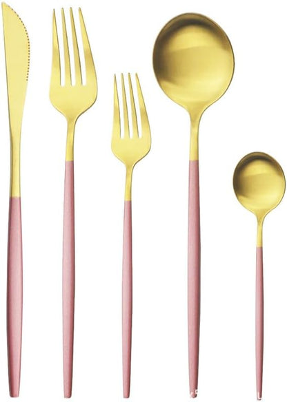 5/20/30/40/50/60pcs Pink Gold Stainless Steel Cutlery Set Portuguese Matte Cutlery Tea Spoon(Pink Gold,1Set-5Pcs)