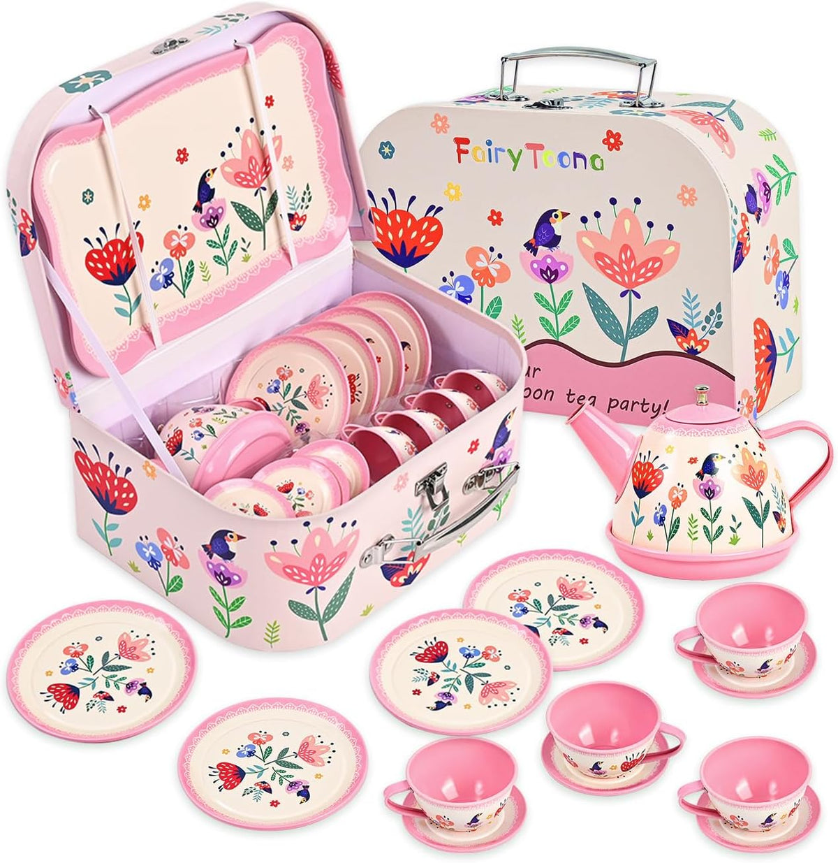 Tea Party Set for Little Girls, 15 Pcs Floral Tea Time Toy