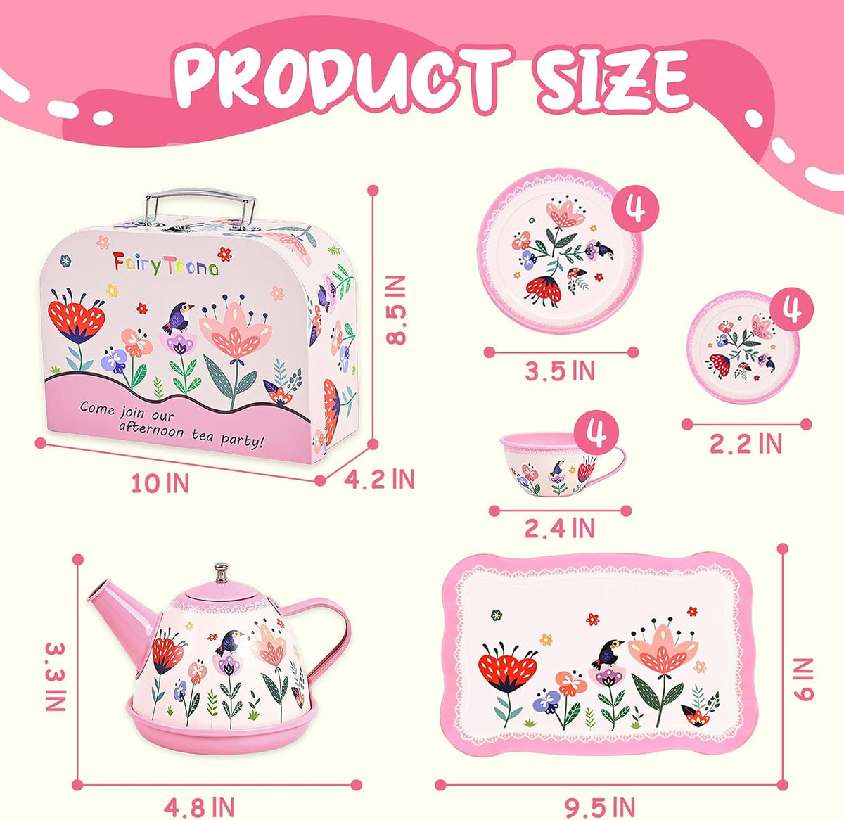 Tea Party Set for Little Girls, 15 Pcs Floral Tea Time Toy