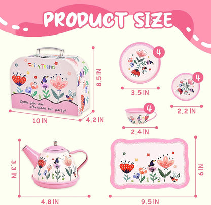 Tea Party Set for Little Girls, 15 Pcs Floral Tea Time Toy