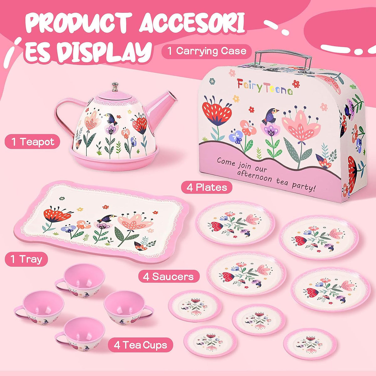 Tea Party Set for Little Girls, 15 Pcs Floral Tea Time Toy