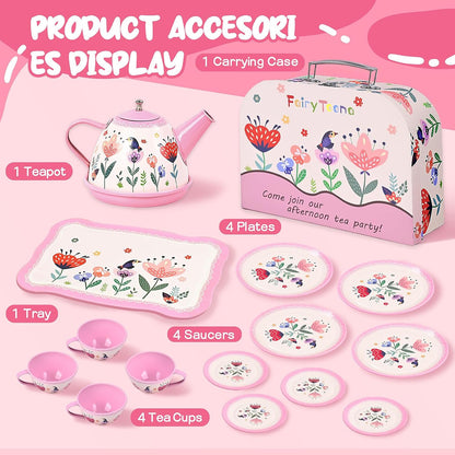 Tea Party Set for Little Girls, 15 Pcs Floral Tea Time Toy